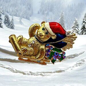 Vintage Christmas Bear On Sleigh Brooch With Santa Hat Scarf Rhinestones